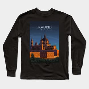 Madrid Spain Vintage Minimal Retro Travel Poster at Night Long Sleeve T-Shirt